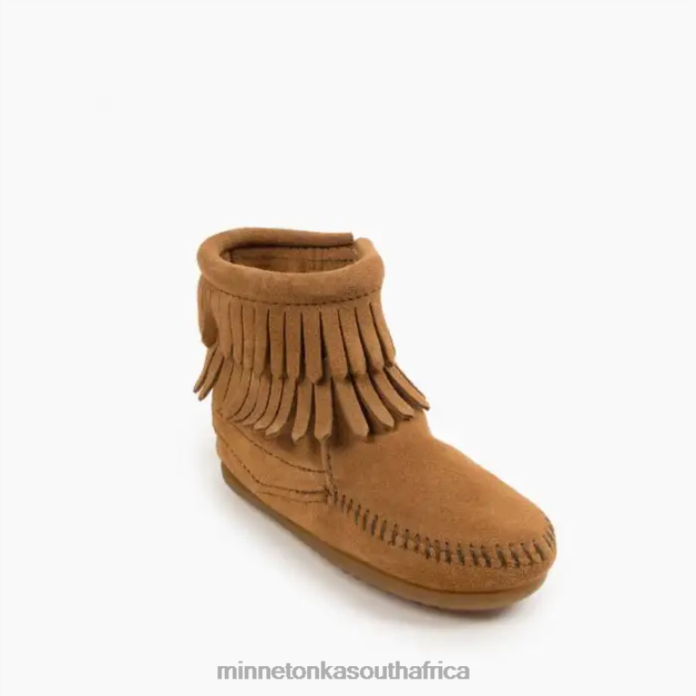 Minnetonka Footwear RNL6F466 Kids Double Fringe Side Zip Boot Taupe