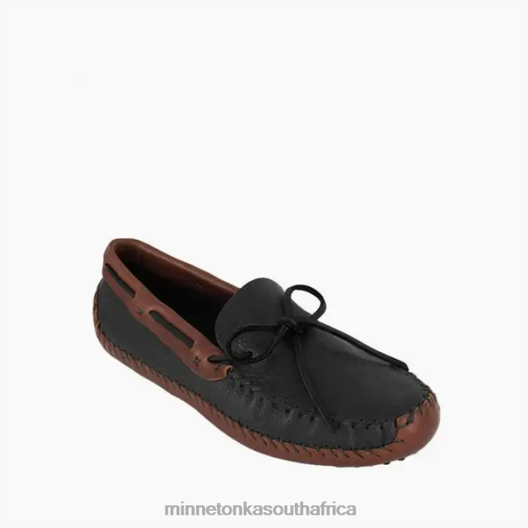 Minnetonka Footwear RNL6F389 Men P.W. Driving Moc Black Upper and Brown Lower