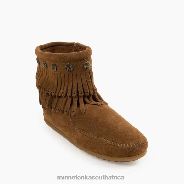 Minnetonka Footwear RNL6F22 Women Double Fringe Side Zip Boot Dusty Brown